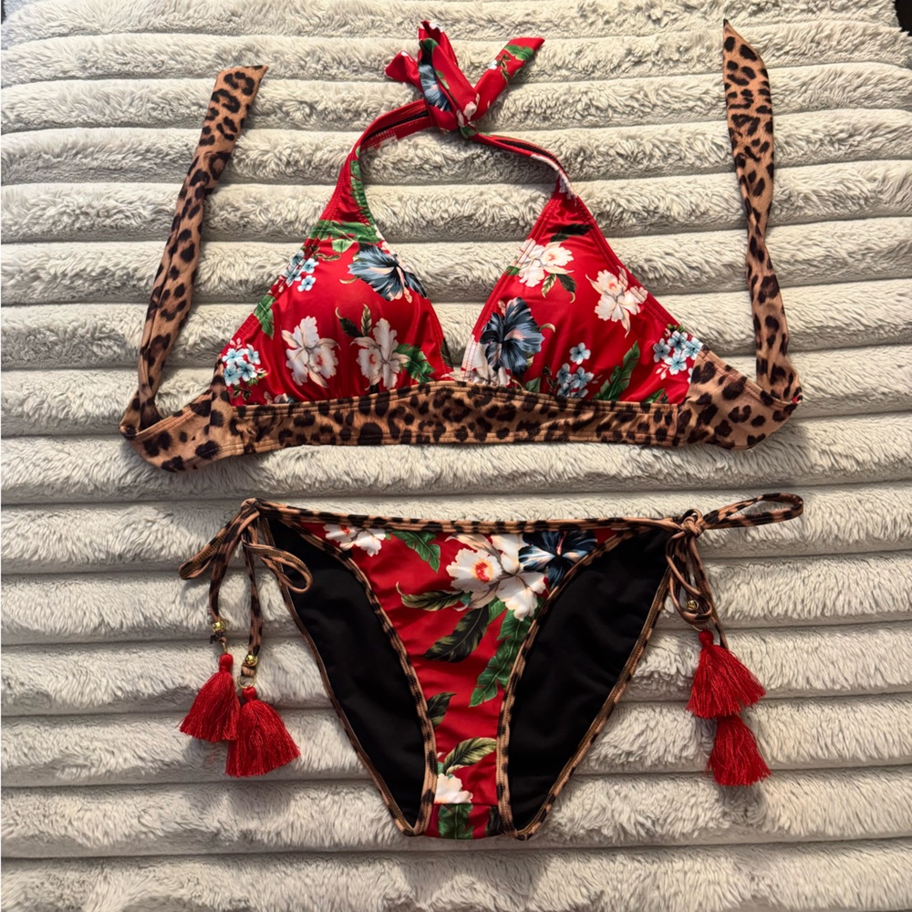 Venus Red Floral Leopard Print Bikini Set with Tassels
